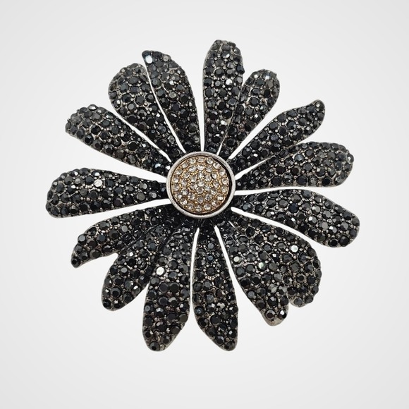 Unbranded Jewelry - Floral Rhinestone Brooch Pin Dark Silver Tone Daisy Statement 2.75" Sparkle